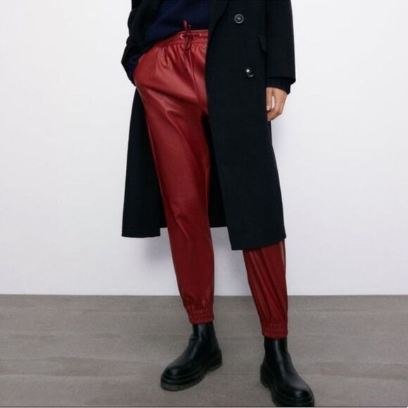 Zara Red High Waisted Faux Leather Pleather Jogger Pants EUC - Picture 1 of 11